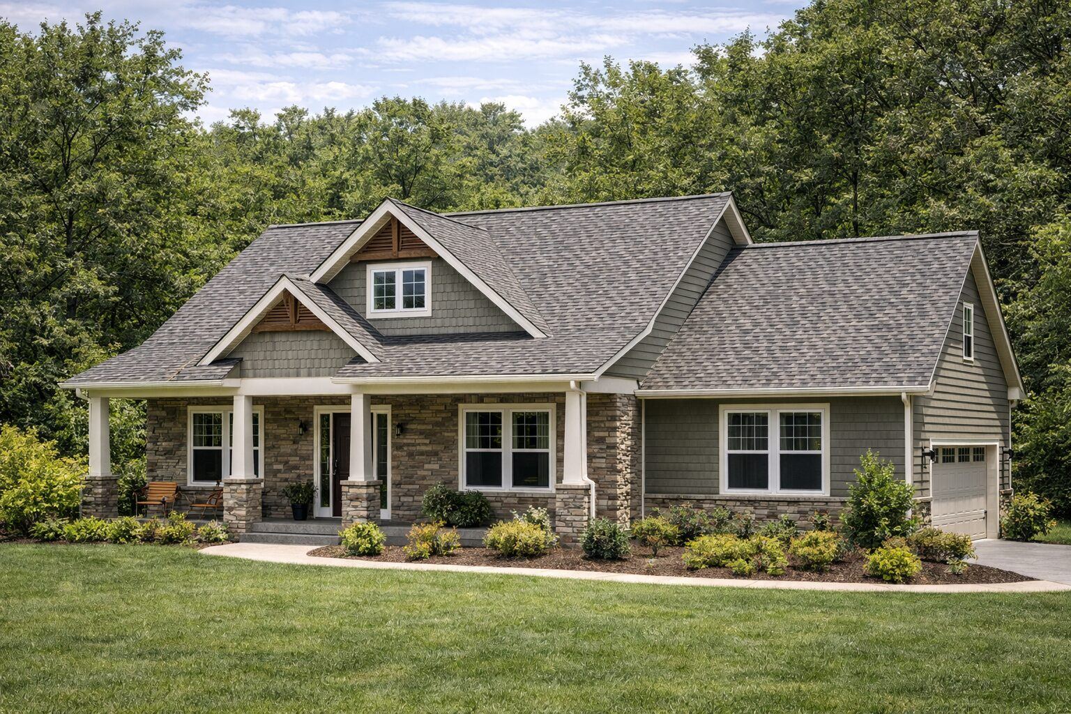 Architectural shingle roof on a craftsman-style home