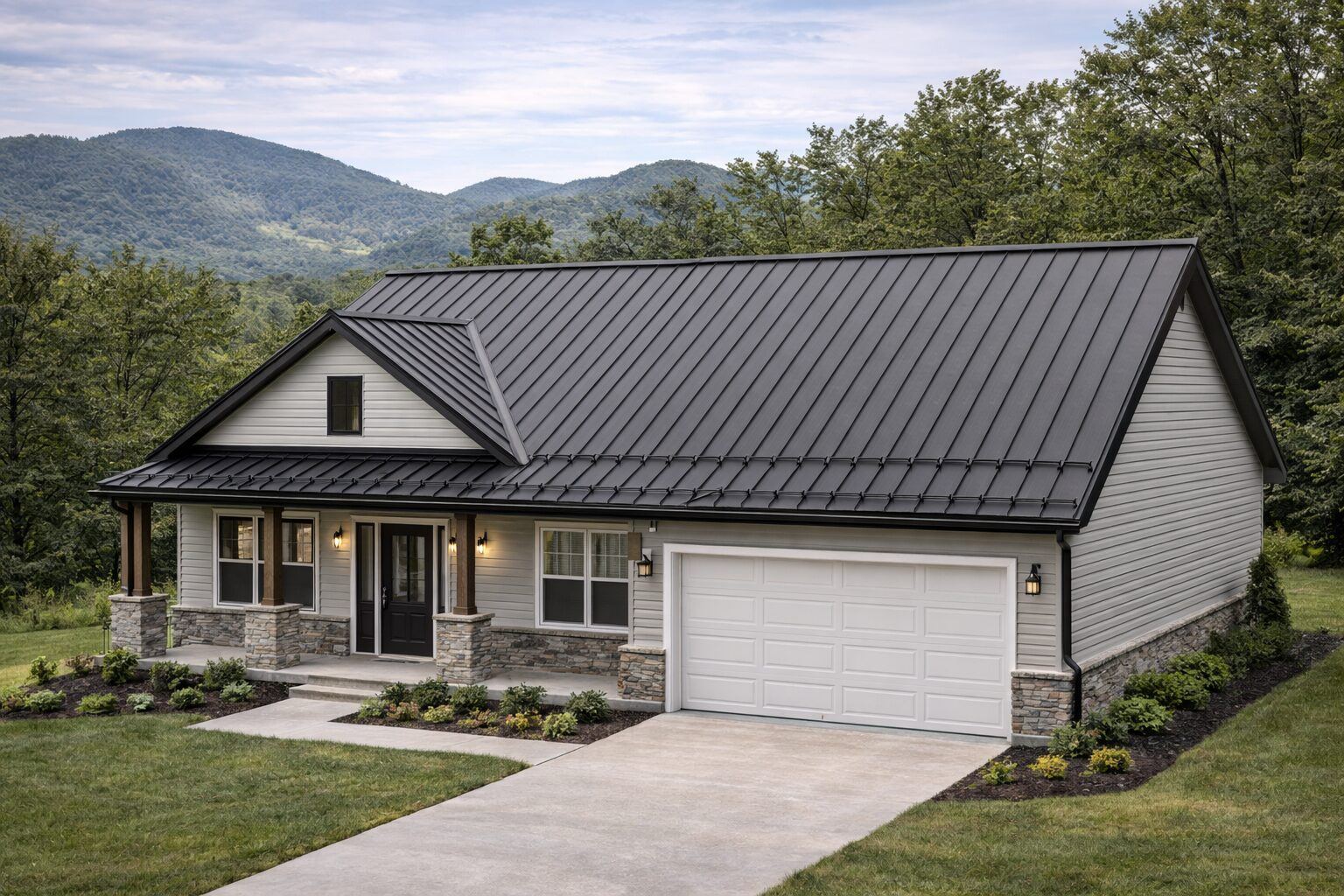 Standing seam metal roof fitted with snow guards on a mountain home